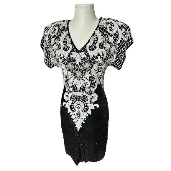 Vintage 80s Beaded Sequined Party Cocktail Mini Dress Carina Black White M Glam